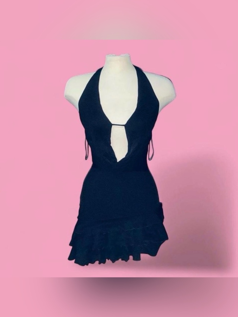 Bear Dance Black Halter Cutout Ruffle Mini Dress